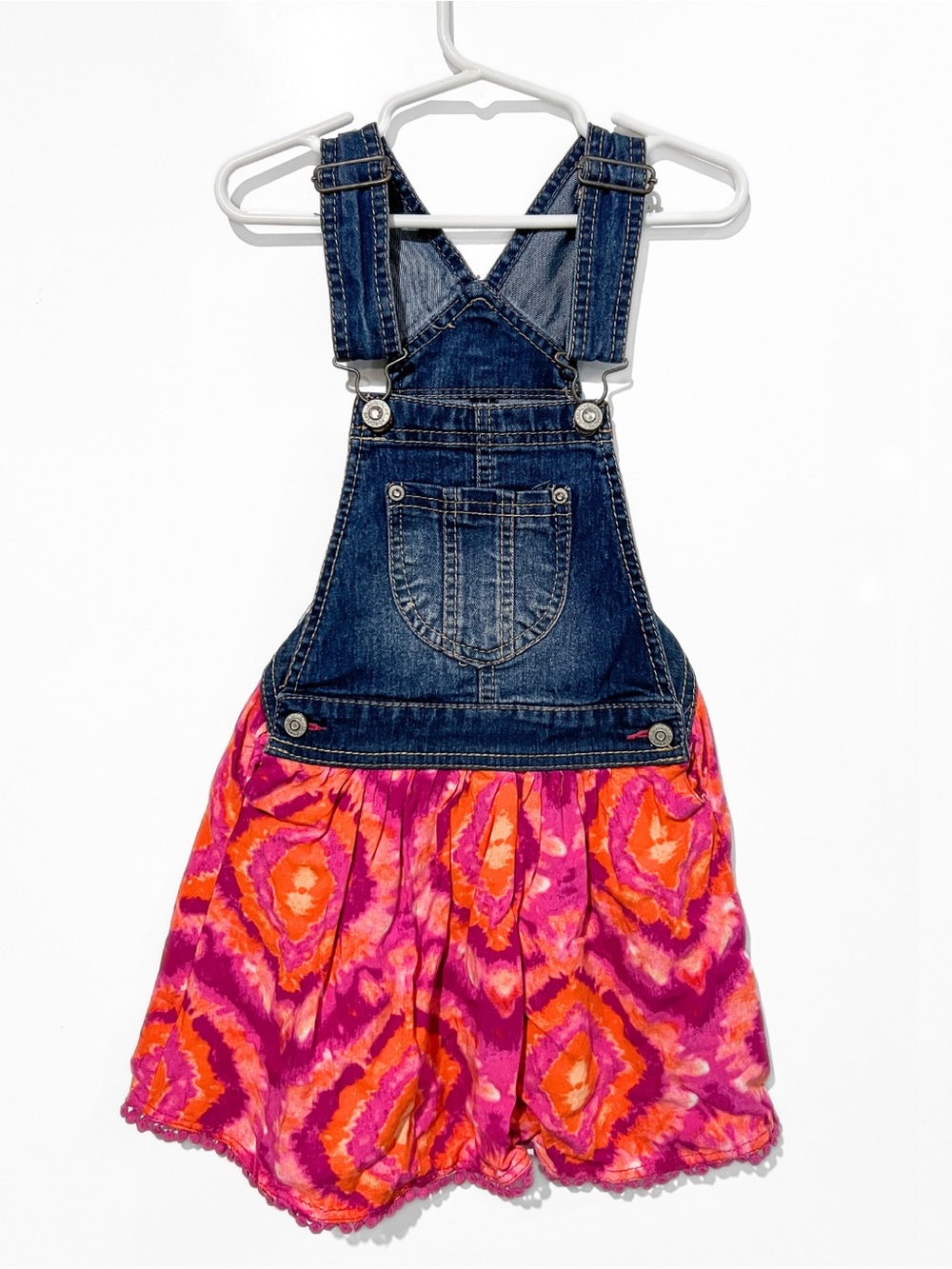 Jordache Girls Denim Jean Boho Overall Dress Pink Orange Tie Dye XS 4-5